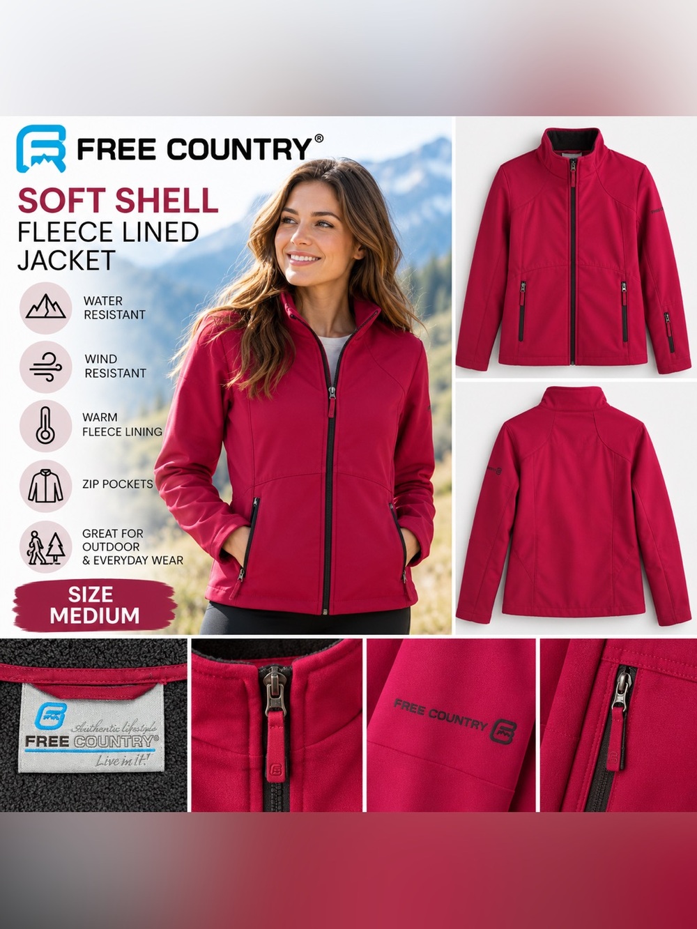 Free Country Soft Shell Fleece Lined Jacket Women’s Size Medium Pink